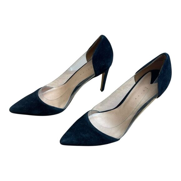 Leith Black Suede Leather PVC See Through Pointed Toe Pumps Heels Size 7.5 EUC - Picture 2 of 7